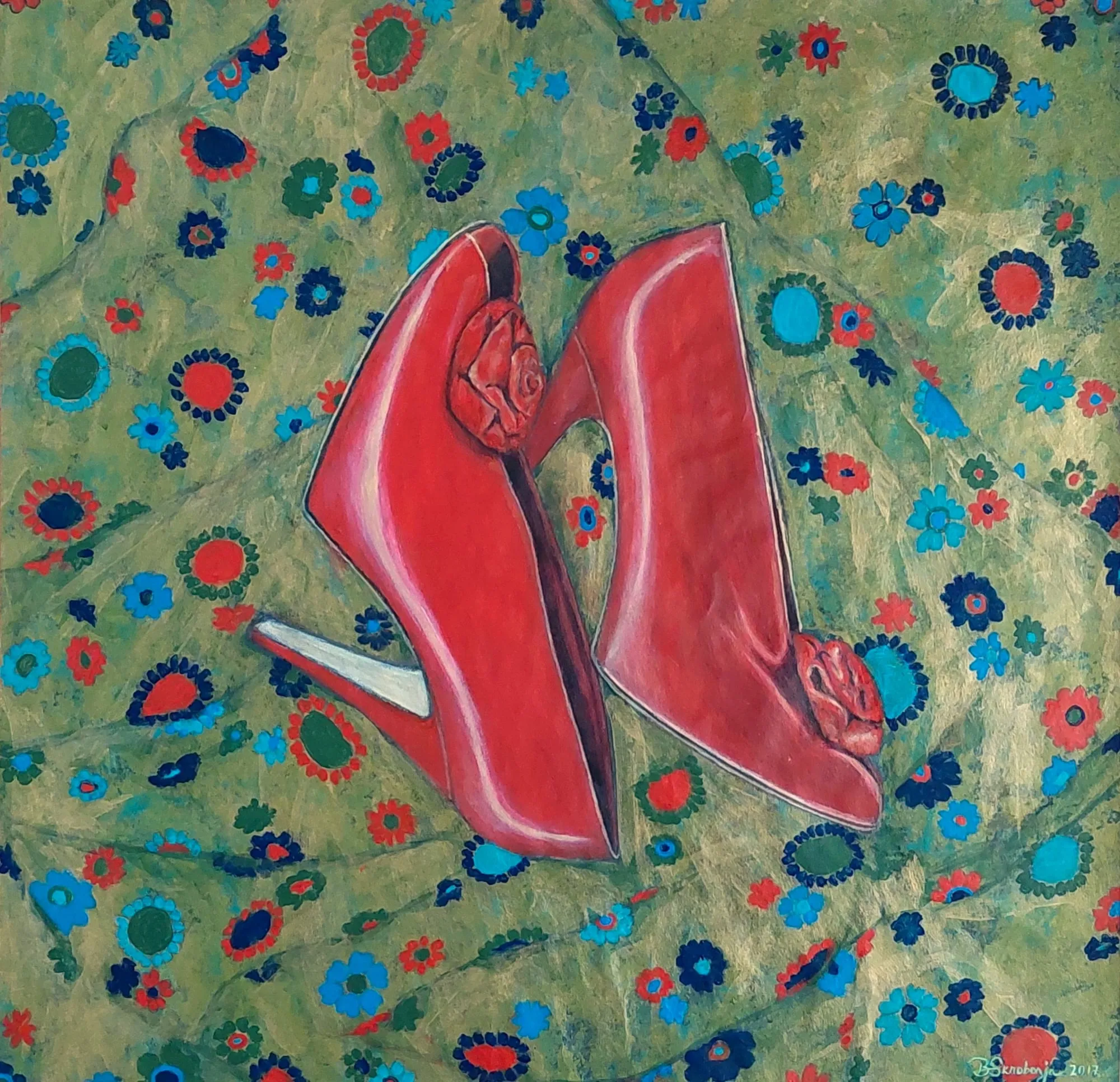 Slika „Cipele Olje Ivanjicki“, akril na papiru, 52 × 51 cm, Biljana Skrobonja