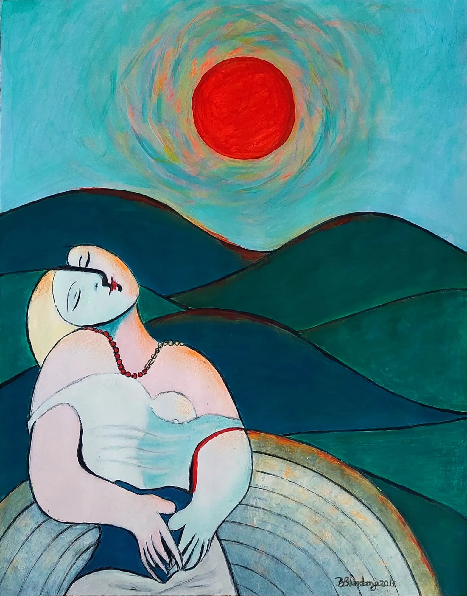 Slika „Crveno sunce“, akril na papiru, 34 × 44 cm, Biljana Skrobonja