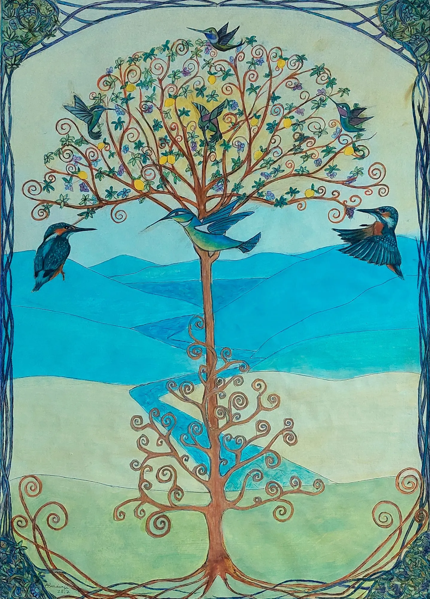 Slika „Drvo života“, mešovita tehnika na papiru, 50 × 70 cm, Biljana Skrobonja