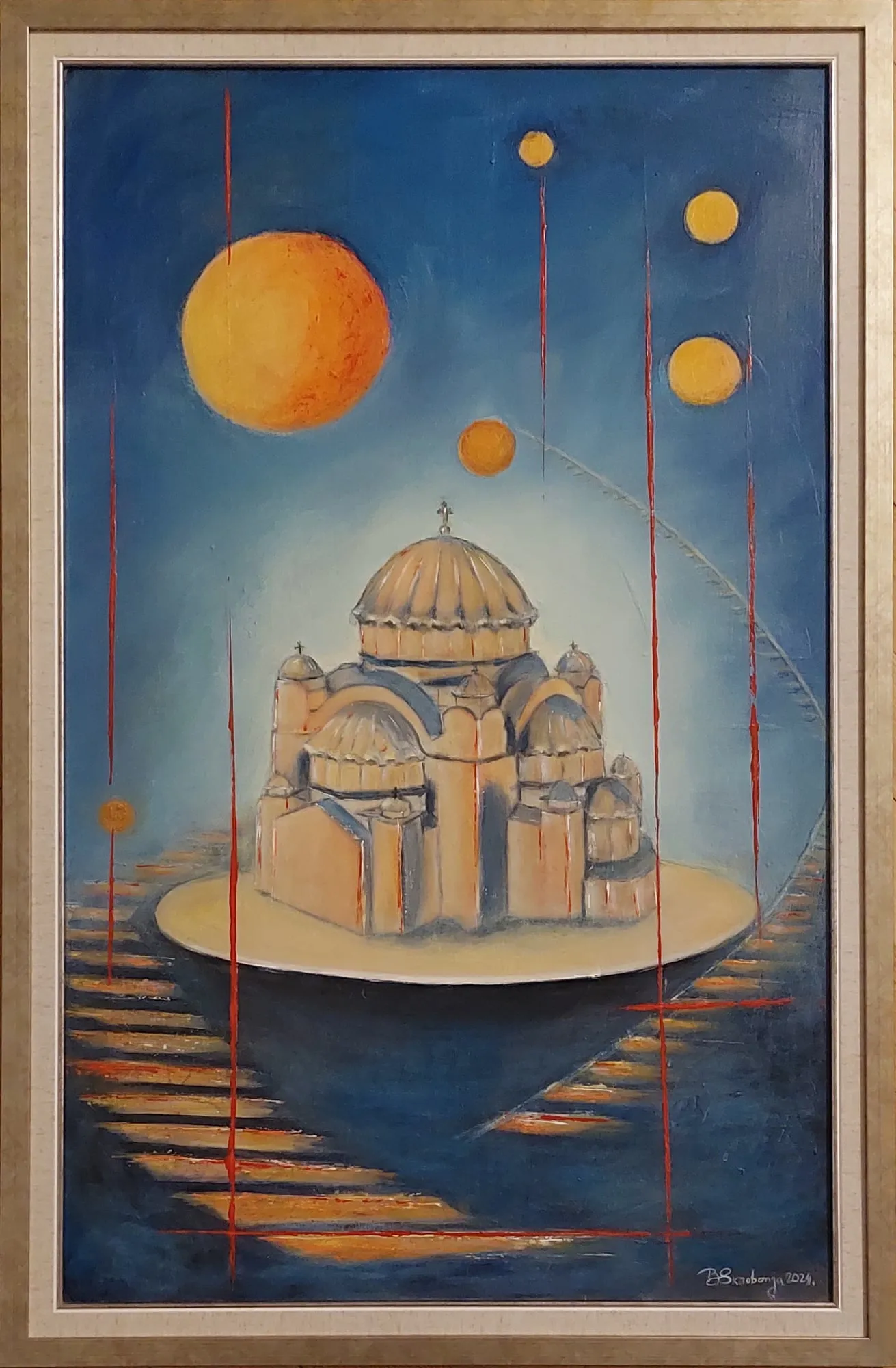 Slika „Hram u svemiru“, ulje na lesonitu, 52 × 84 cm, Biljana Skrobonja