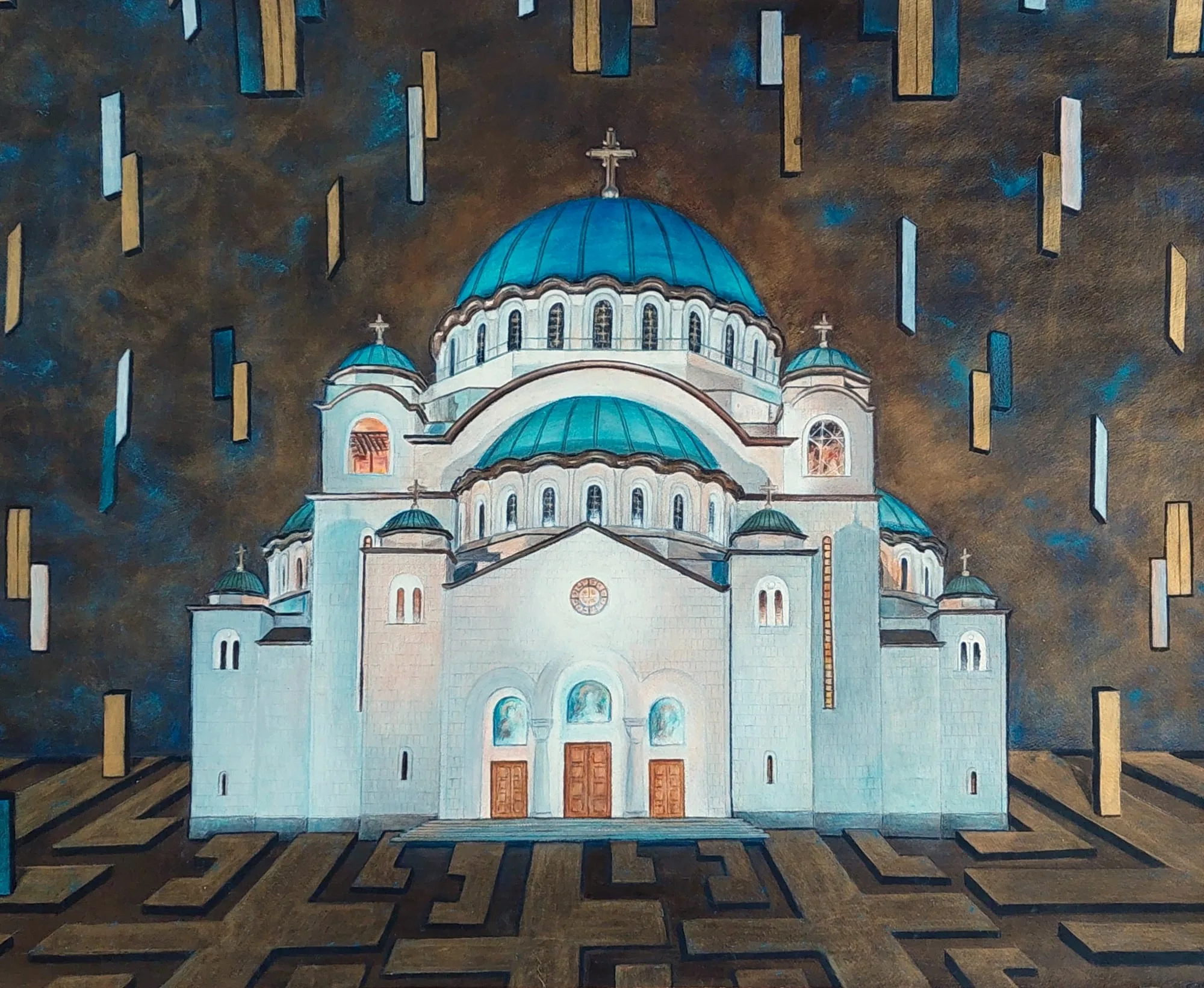Slika „Hram“, akril na papiru, 78 × 65 cm, Biljana Skrobonja