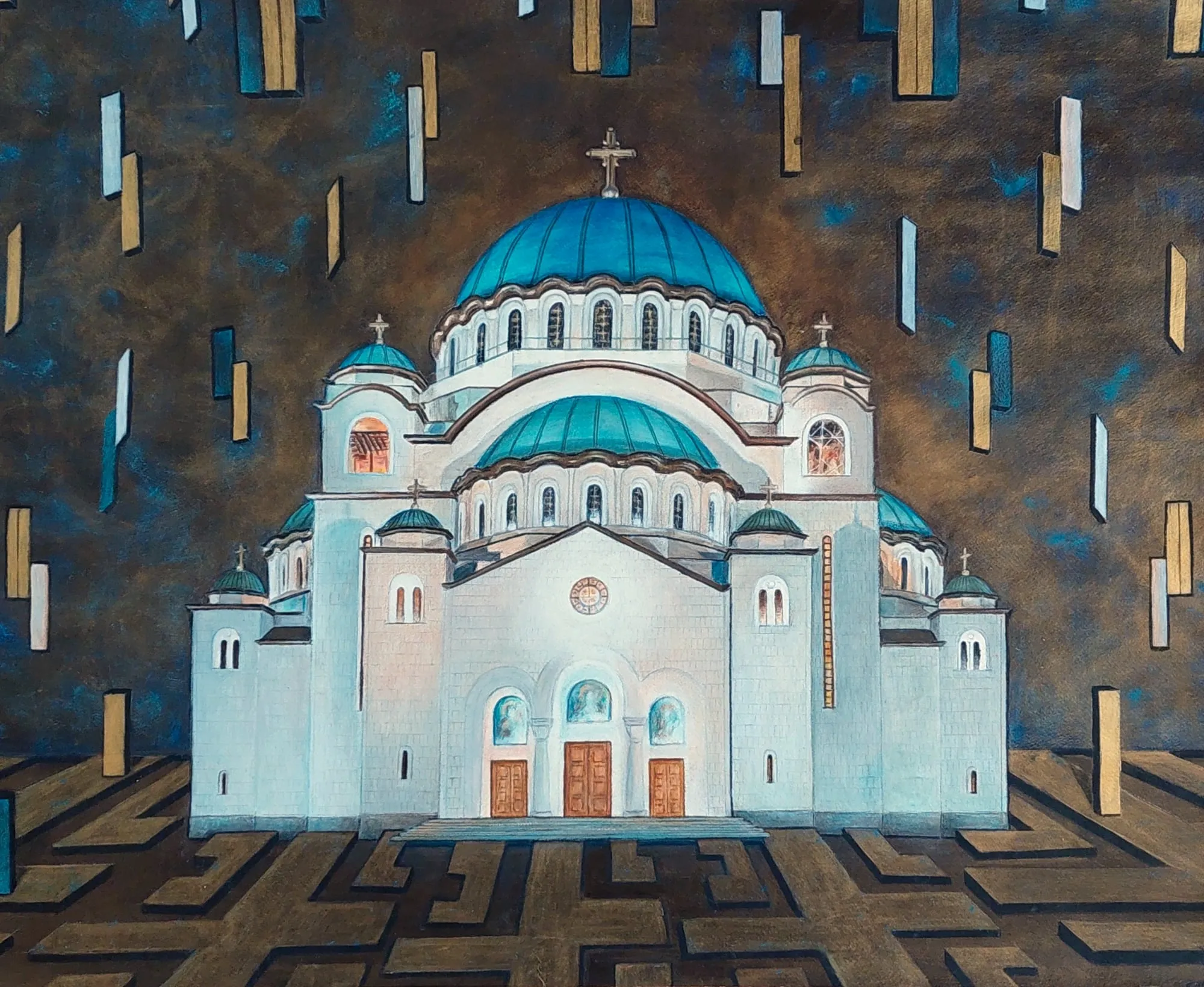 Slika „Hram“, akril na papiru, 78 × 65 cm, Biljana Skrobonja