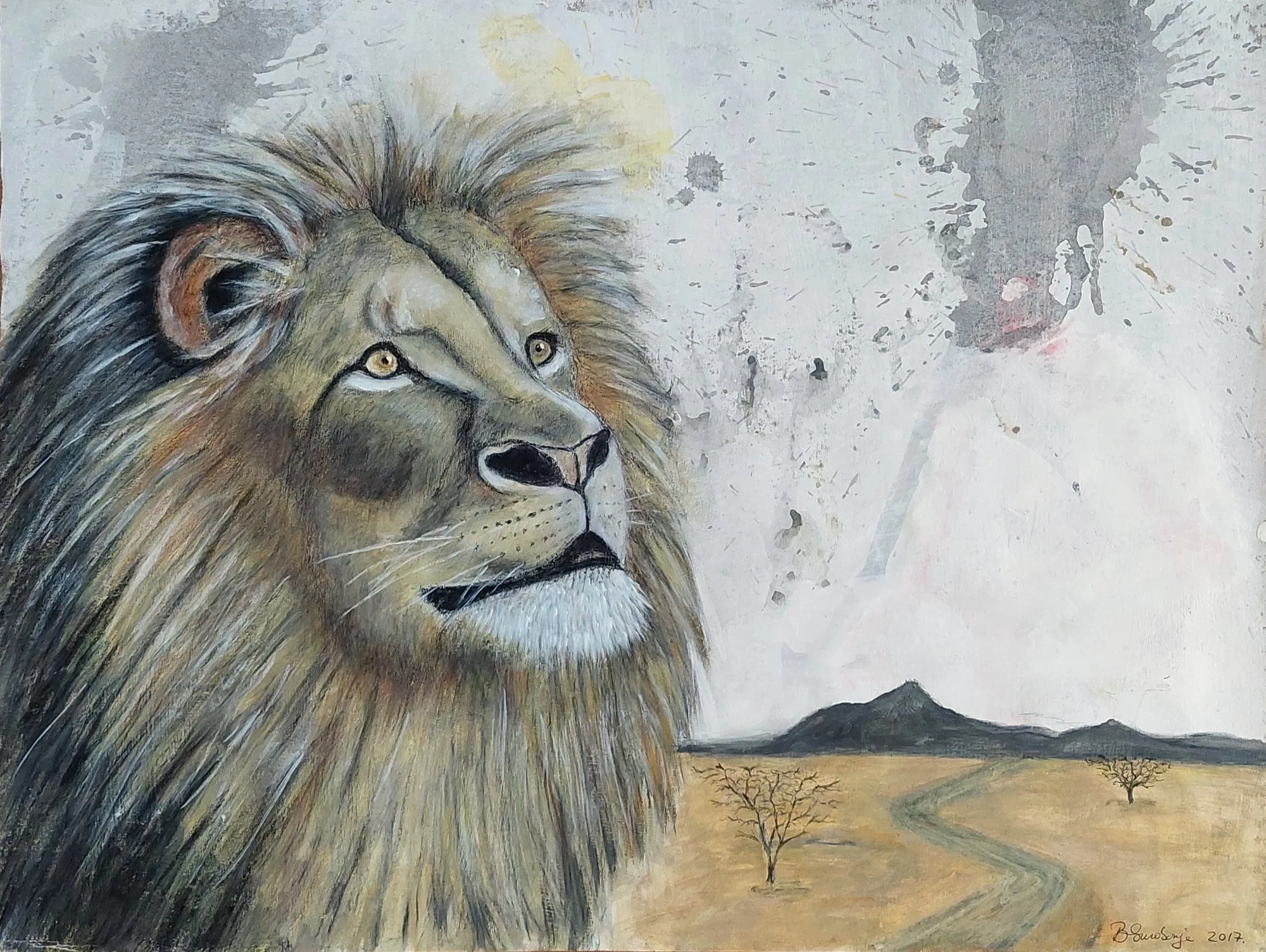 Slika „Lav“, mešovita tehnika na papiru, 58 × 45 cm, Biljana Skrobonja