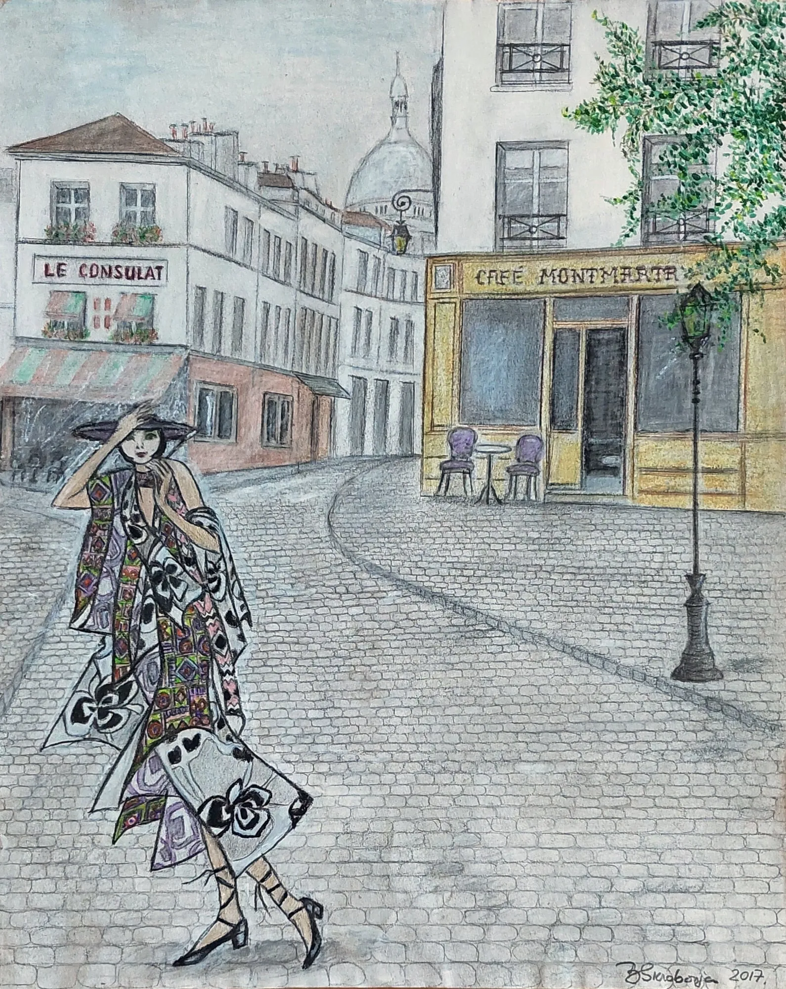 Slika „Monmartr“, mešovita tehnika na papiru, 37 × 46 cm, Biljana Skrobonja