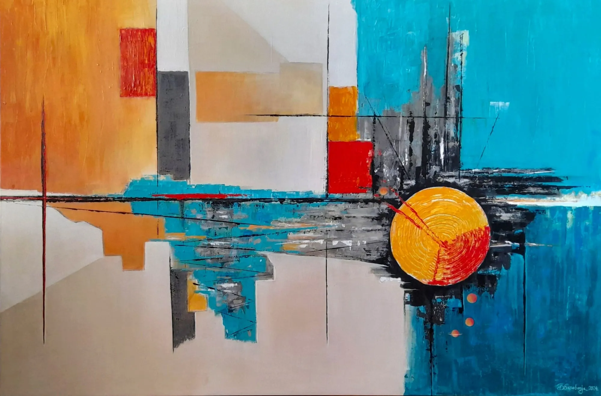 Slika „Narandžasto sunce“, akril na platnu, 150 × 100 cm, Biljana Skrobonja