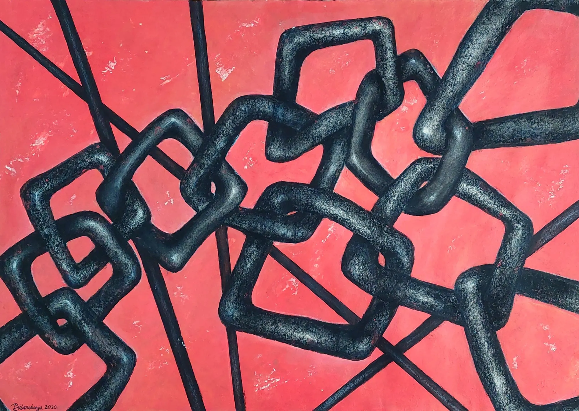 Slika „Okovi“, mešovita tehnika na papiru, 68 × 50 cm, Biljana Skrobonja