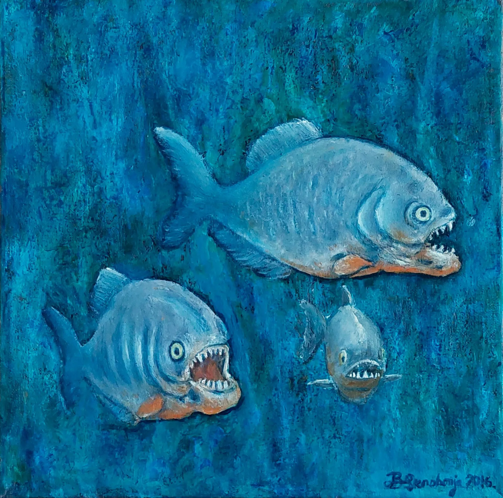 Slika „Pirane“, ulje na platnu, 30 × 30 cm, Biljana Skrobonja