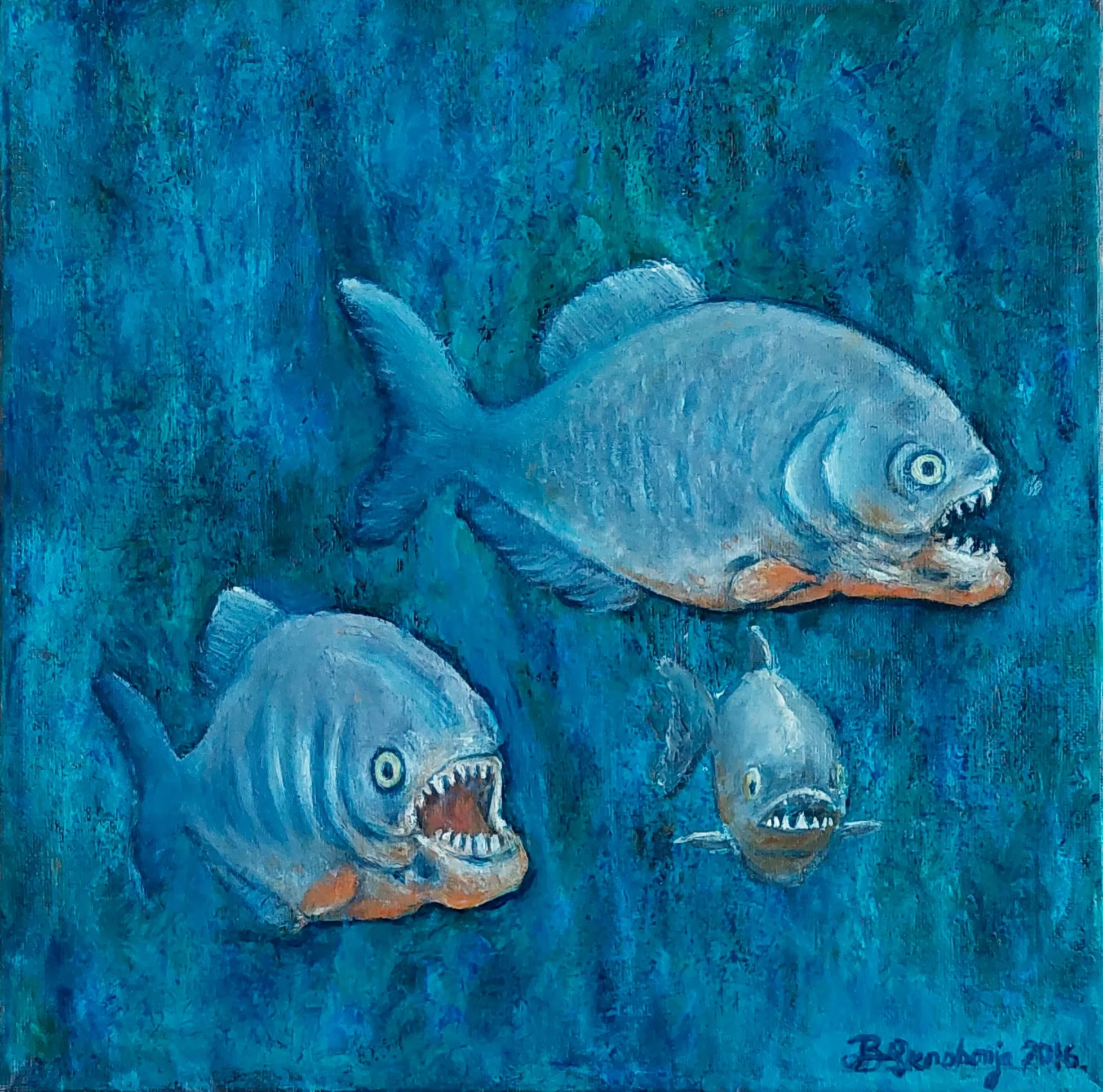 Slika „Pirane“, ulje na platnu, 30 × 30 cm, Biljana Skrobonja
