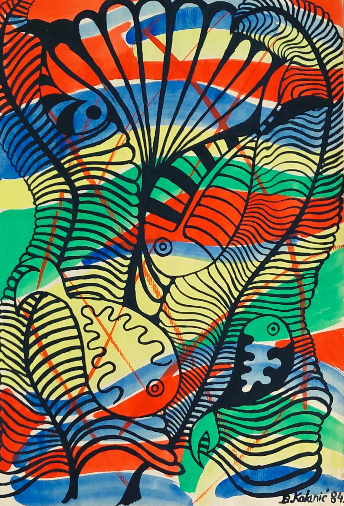 Slika „Ribe I“, tempera na papiru, 35 × 50 cm, Biljana Skrobonja