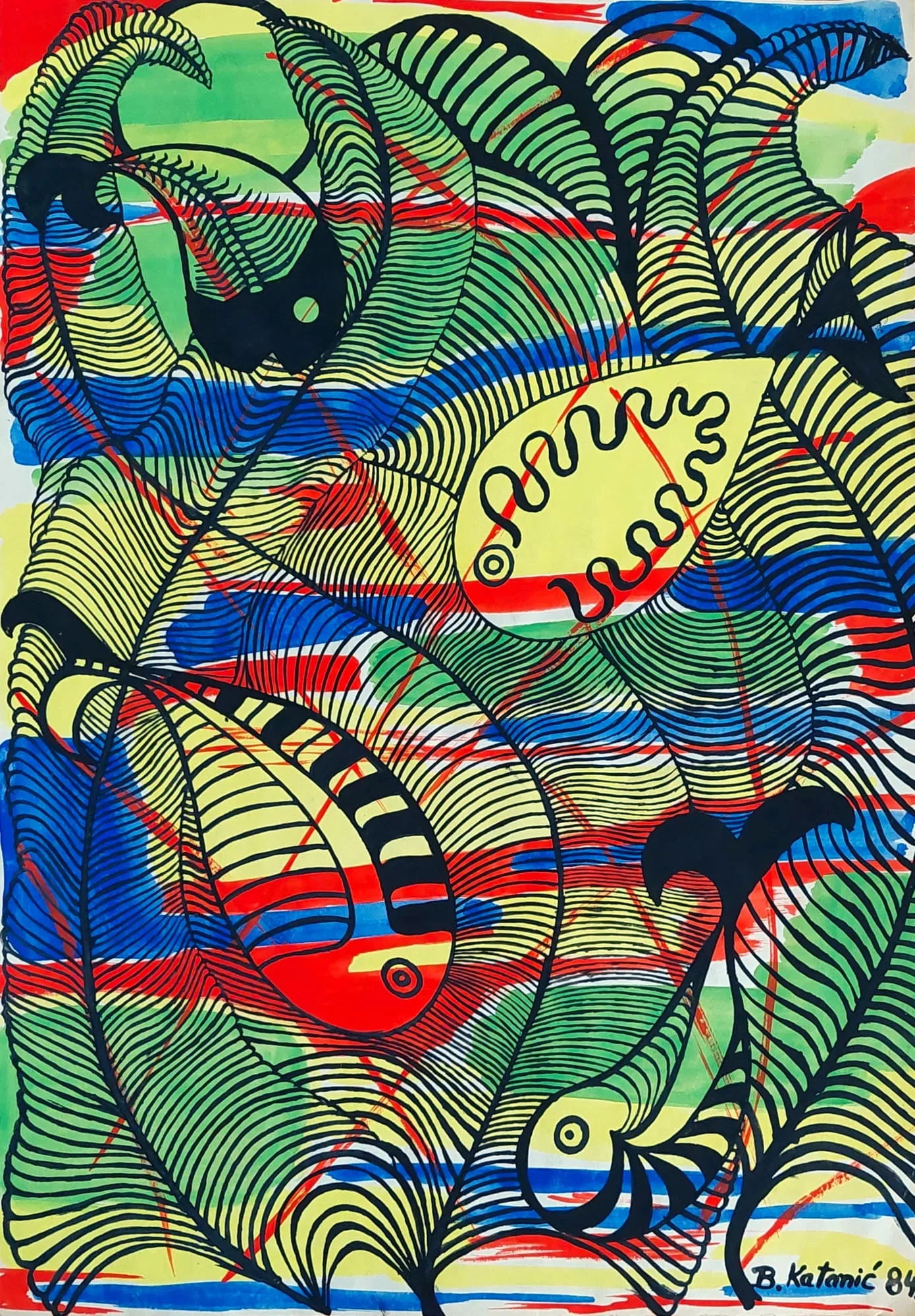 Slika „Ribe III“, tempera na papiru, 30 × 42 cm, Biljana Skrobonja