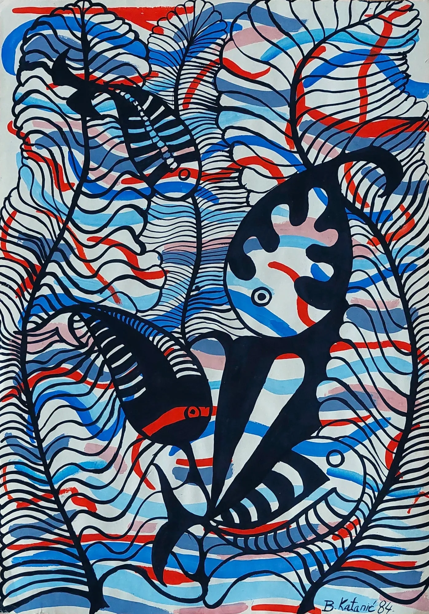 Slika „Ribe IV“, tempera na papiru, 30 × 42 cm, Biljana Skrobonja